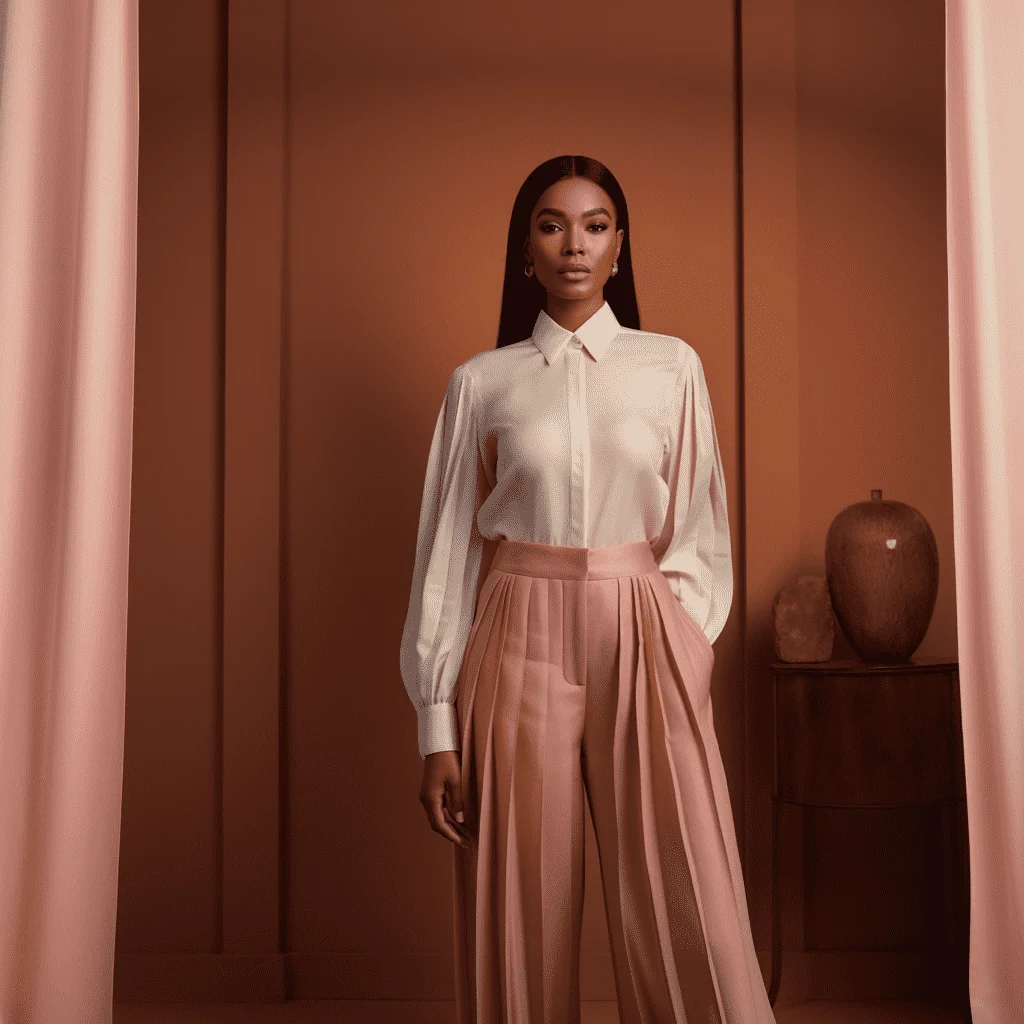 Long sleeve Buttoned Silk Shirt With Pleats At The Sleeve & Peach Palazzo High Waist Pant Trouser With Multiple Pleats In Front