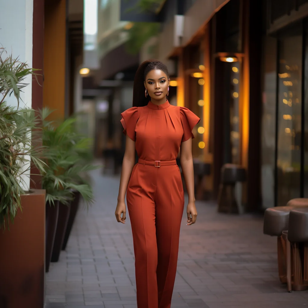 Burnt Orange Shortsleeve Turtleneck Blouse with Corporate Pants