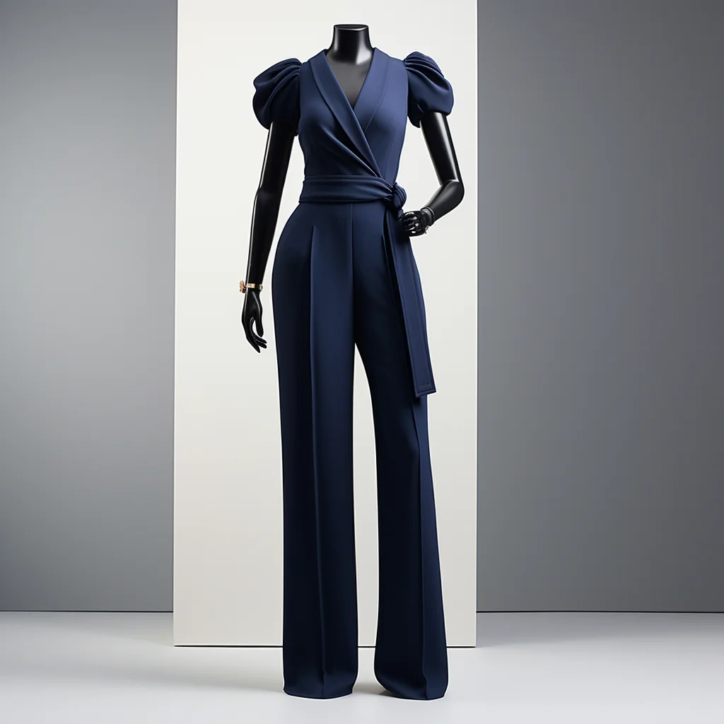 Navy Blue Corporate Wrap Jumpsuit With Short Puffy Sleeves